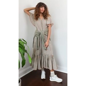 THE GREAT. Beige and White Gingham Midi Dress
